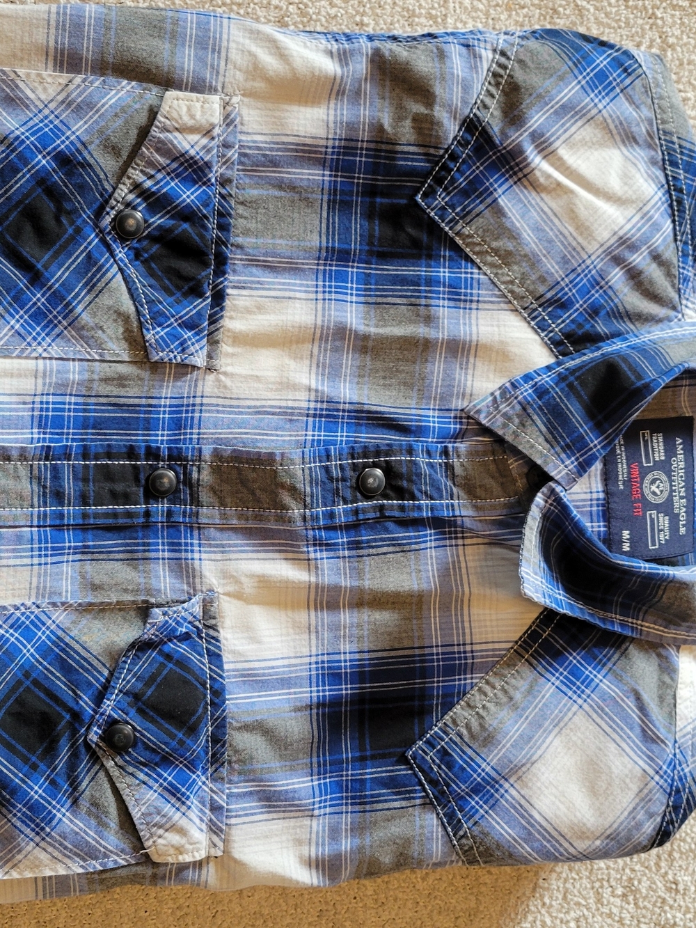 American Eagle 100% Cotton Vintage Fit Men's M Plaid Blue Gray White Button-Up